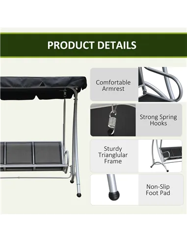 Outsunny Three Person Steel Outdoor Porch Swing Chair Bench with Canopy Cover - Black