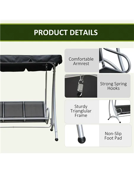 Outsunny Three Person Steel Outdoor Porch Swing Chair Bench with Canopy Cover - Black