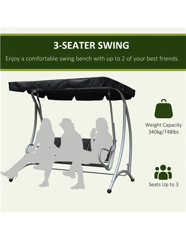 Outsunny Three Person Steel Outdoor Porch Swing Chair Bench with Canopy Cover - Black