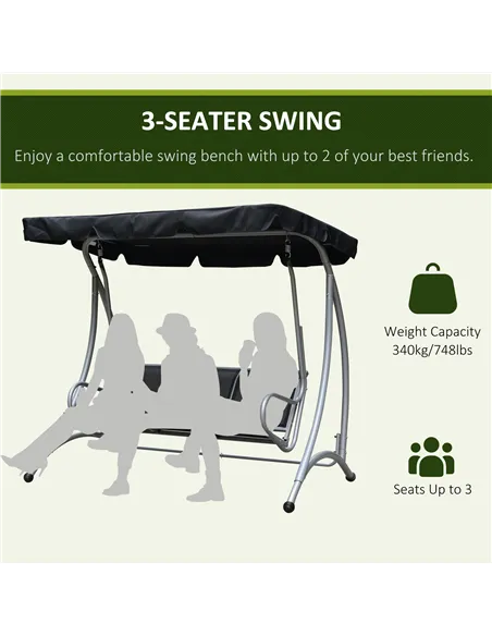 Outsunny Three Person Steel Outdoor Porch Swing Chair Bench with Canopy Cover - Black