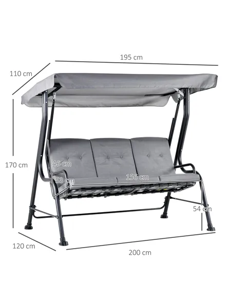 Outsunny Outdoor 3-person Metal Porch Swing Chair Bench, Grey