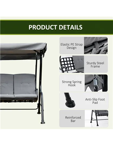 Outsunny Outdoor 3-person Metal Porch Swing Chair Bench, Grey