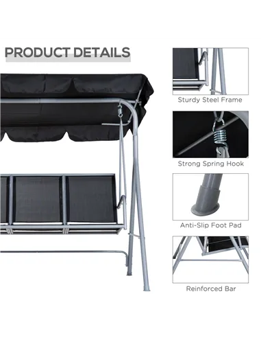 Outsunny Outdoor 3-Seater Swing Chair-Black