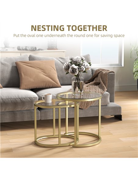 HOMCOM Modern Coffee Table Set of 2, Nest of Tables with Steel Frame and Tempered Glass Tabletop, Side Tables for Living Room Be