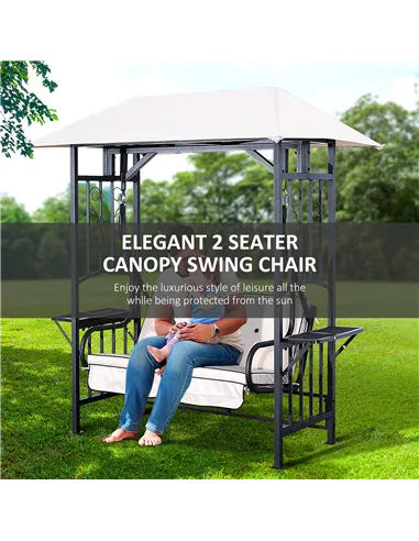 Outsunny Outdoor Garden 2 Seater Canopy Swing Chair Seat Porch Loveseat Vintage Hammock Cushioned Seat w/ and Side Drink Panel