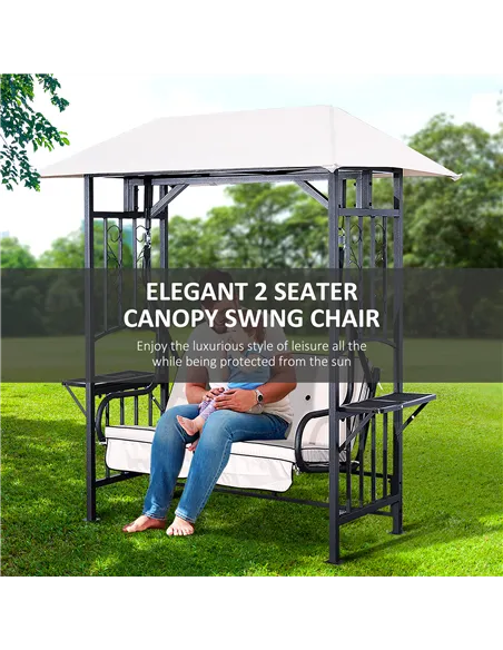 Outsunny Outdoor Garden 2 Seater Canopy Swing Chair Seat Porch Loveseat Vintage Hammock Cushioned Seat w/ and Side Drink Panel
