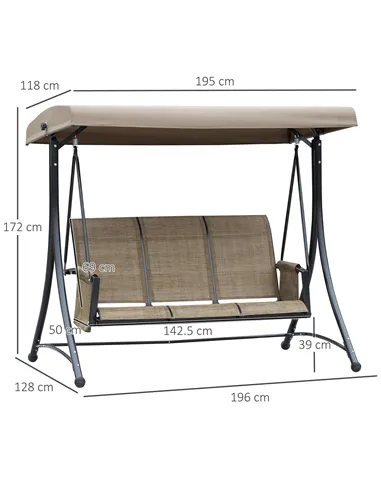Outsunny 3 Seater Garden Swing Seat Outdoor Swing Chair with High Back Design, Steel Frame, Side Pouches, Adjustable Canopy, Bro