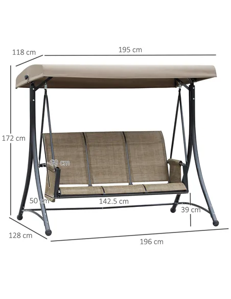 Outsunny 3 Seater Garden Swing Seat Outdoor Swing Chair with High Back Design, Steel Frame, Side Pouches, Adjustable Canopy, Bro