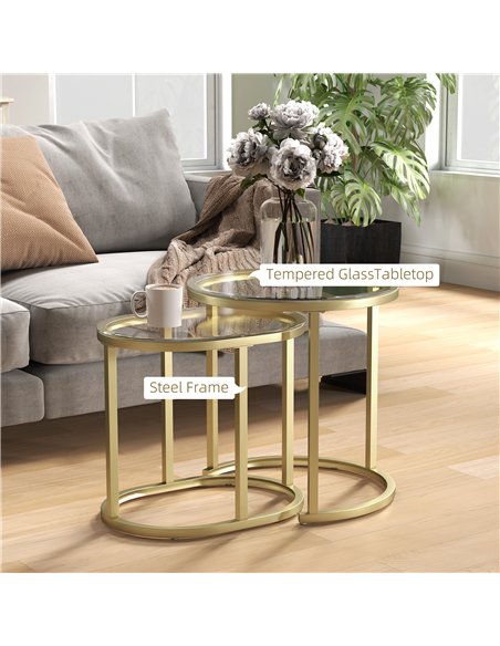 HOMCOM Modern Coffee Table Set of 2, Nest of Tables with Steel Frame and Tempered Glass Tabletop, Side Tables for Living Room Be