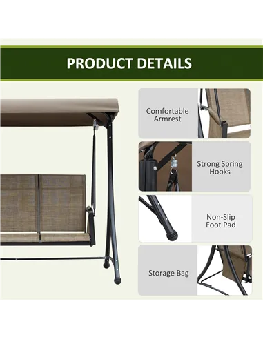 Outsunny 3 Seater Garden Swing Seat Outdoor Swing Chair with High Back Design, Steel Frame, Side Pouches, Adjustable Canopy, Bro