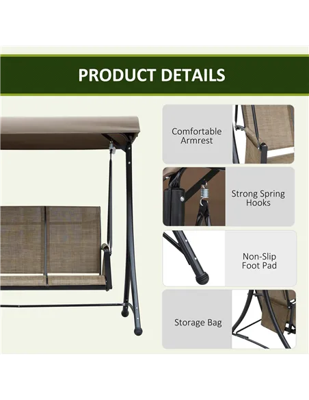 Outsunny 3 Seater Garden Swing Seat Outdoor Swing Chair with High Back Design, Steel Frame, Side Pouches, Adjustable Canopy, Bro