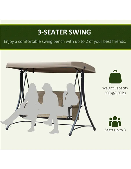 Outsunny 3 Seater Garden Swing Seat Outdoor Swing Chair with High Back Design, Steel Frame, Side Pouches, Adjustable Canopy, Bro