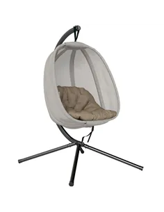 Outsunny Hanging Egg Chair, Folding Texteline Swing Hammock with Side Pocket, Cushion and Stand for Indoor Outdoor, Patio Garden