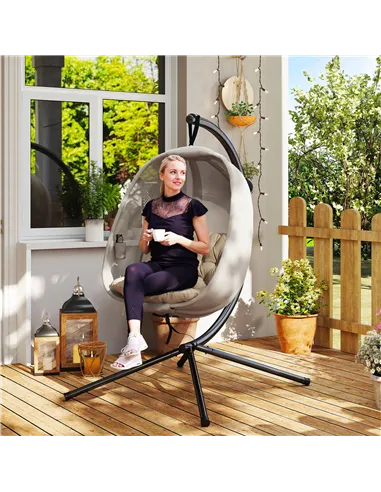 Outsunny Hanging Egg Chair, Folding Texteline Swing Hammock with Side Pocket, Cushion and Stand for Indoor Outdoor, Patio Garden