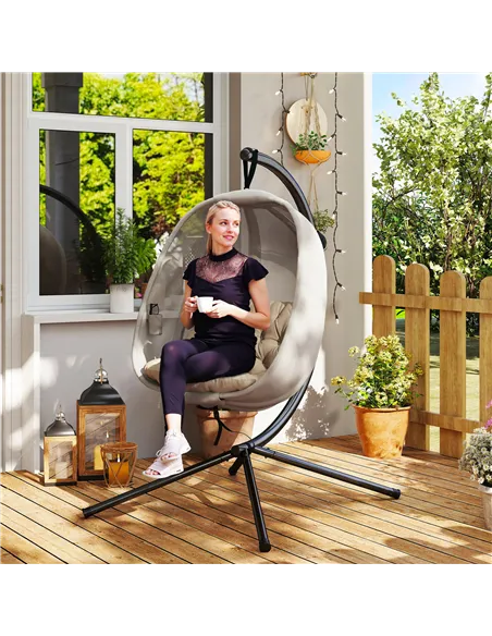 Outsunny Hanging Egg Chair, Folding Texteline Swing Hammock with Side Pocket, Cushion and Stand for Indoor Outdoor, Patio Garden