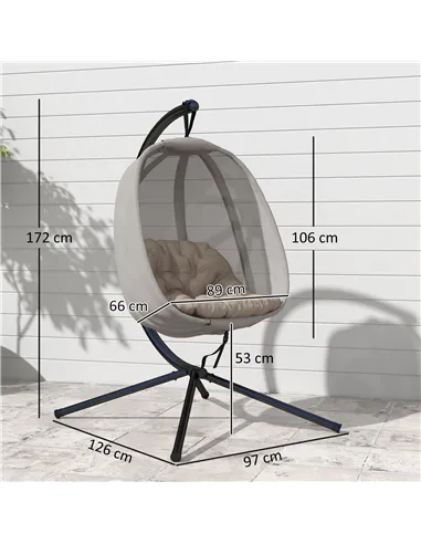 Outsunny Hanging Egg Chair, Folding Texteline Swing Hammock with Side Pocket, Cushion and Stand for Indoor Outdoor, Patio Garden