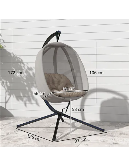 Outsunny Hanging Egg Chair, Folding Texteline Swing Hammock with Side Pocket, Cushion and Stand for Indoor Outdoor, Patio Garden