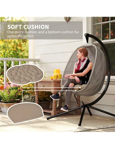 Outsunny Hanging Egg Chair, Folding Texteline Swing Hammock with Side Pocket, Cushion and Stand for Indoor Outdoor, Patio Garden