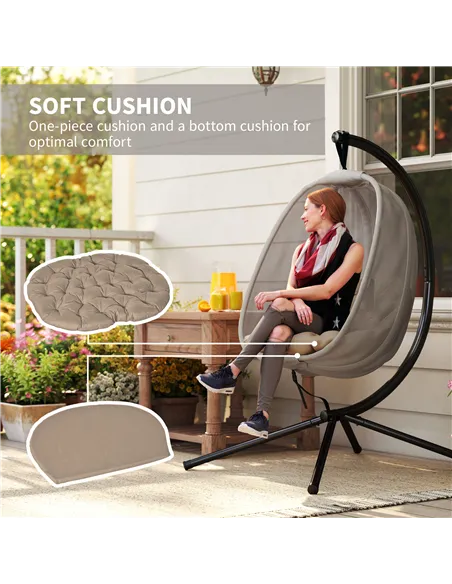 Outsunny Hanging Egg Chair, Folding Texteline Swing Hammock with Side Pocket, Cushion and Stand for Indoor Outdoor, Patio Garden