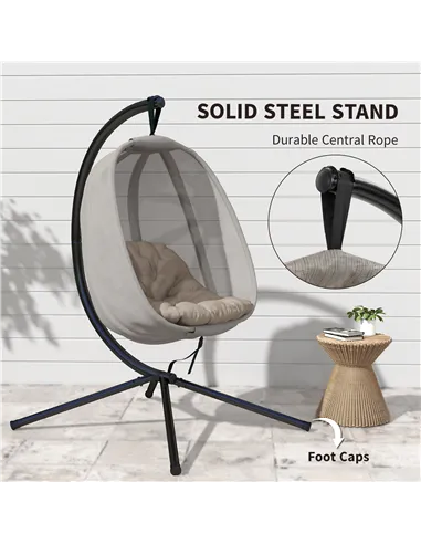 Outsunny Hanging Egg Chair, Folding Texteline Swing Hammock with Side Pocket, Cushion and Stand for Indoor Outdoor, Patio Garden