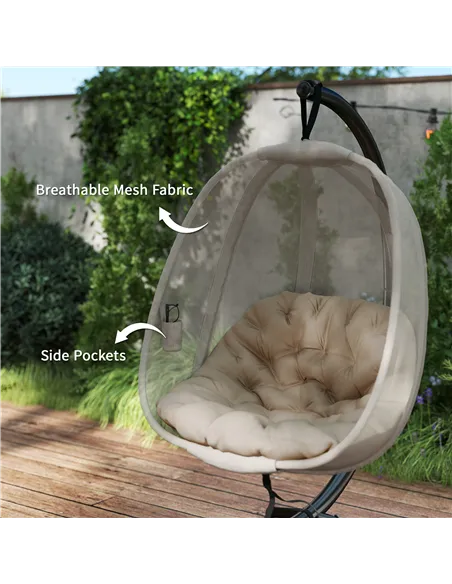 Outsunny Hanging Egg Chair, Folding Texteline Swing Hammock with Side Pocket, Cushion and Stand for Indoor Outdoor, Patio Garden