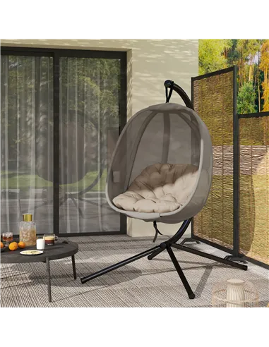 Outsunny Hanging Egg Chair, Folding Texteline Swing Hammock with Side Pocket, Cushion and Stand for Indoor Outdoor, Patio Garden