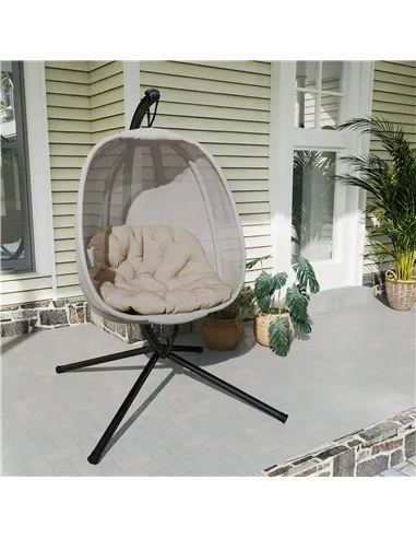 Outsunny Hanging Egg Chair, Folding Texteline Swing Hammock with Side Pocket, Cushion and Stand for Indoor Outdoor, Patio Garden