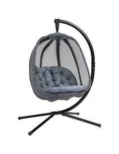 Outsunny Hanging Egg Chair, Folding Texteline Swing Hammock with Side Pocket, Cushion and Stand for Indoor Outdoor, Patio Garden