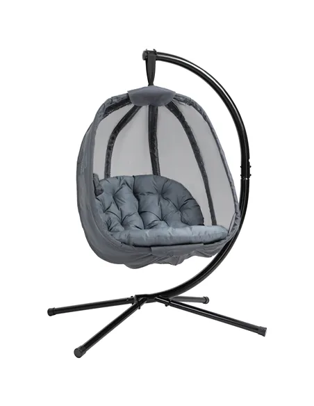 Outsunny Hanging Egg Chair, Folding Texteline Swing Hammock with Side Pocket, Cushion and Stand for Indoor Outdoor, Patio Garden