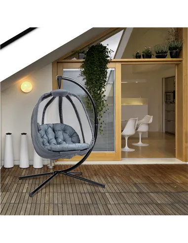 Outsunny Hanging Egg Chair, Folding Texteline Swing Hammock with Side Pocket, Cushion and Stand for Indoor Outdoor, Patio Garden