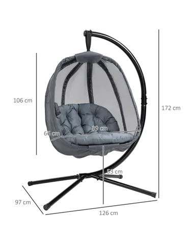 Outsunny Hanging Egg Chair, Folding Texteline Swing Hammock with Side Pocket, Cushion and Stand for Indoor Outdoor, Patio Garden