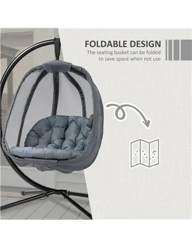 Outsunny Hanging Egg Chair, Folding Texteline Swing Hammock with Side Pocket, Cushion and Stand for Indoor Outdoor, Patio Garden