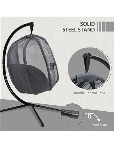 Outsunny Hanging Egg Chair, Folding Texteline Swing Hammock with Side Pocket, Cushion and Stand for Indoor Outdoor, Patio Garden