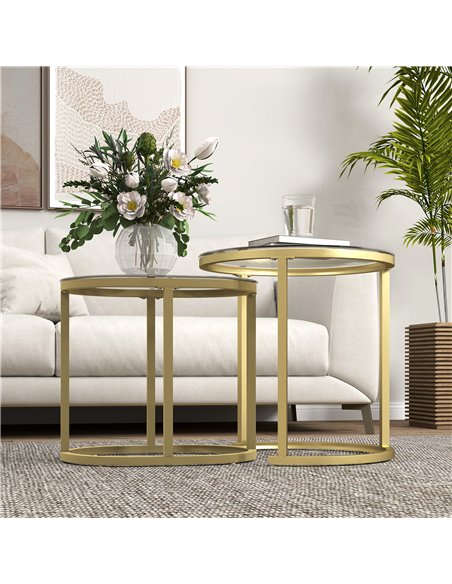 HOMCOM Modern Coffee Table Set of 2, Nest of Tables with Steel Frame and Tempered Glass Tabletop, Side Tables for Living Room Be