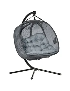 Outsunny Double Hanging Egg Chair 2 Seaters Texteline Swing Hammock Chair with Stand, Cushion and Folding Design, for Indoor and