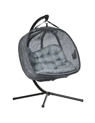 Outsunny Double Hanging Egg Chair 2 Seaters Texteline Swing Hammock Chair with Stand, Cushion and Folding Design, for Indoor and