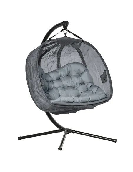 Outsunny Double Hanging Egg Chair 2 Seaters Texteline Swing Hammock Chair with Stand, Cushion and Folding Design, for Indoor and