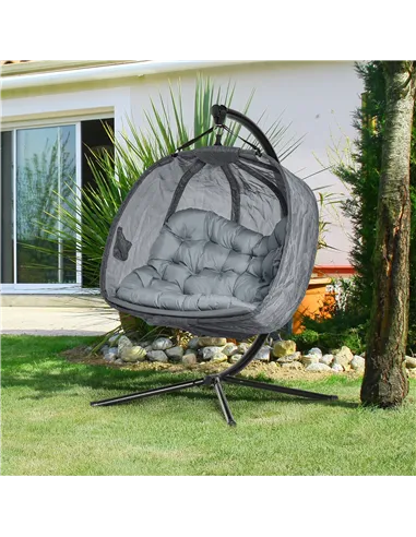 Outsunny Double Hanging Egg Chair 2 Seaters Texteline Swing Hammock Chair with Stand, Cushion and Folding Design, for Indoor and