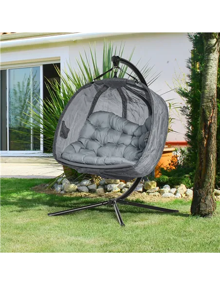 Outsunny Double Hanging Egg Chair 2 Seaters Texteline Swing Hammock Chair with Stand, Cushion and Folding Design, for Indoor and