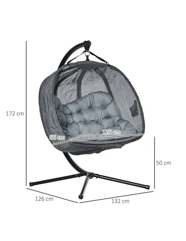 Outsunny Double Hanging Egg Chair 2 Seaters Texteline Swing Hammock Chair with Stand, Cushion and Folding Design, for Indoor and