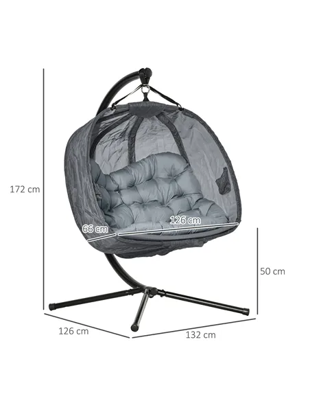 Outsunny Double Hanging Egg Chair 2 Seaters Texteline Swing Hammock Chair with Stand, Cushion and Folding Design, for Indoor and