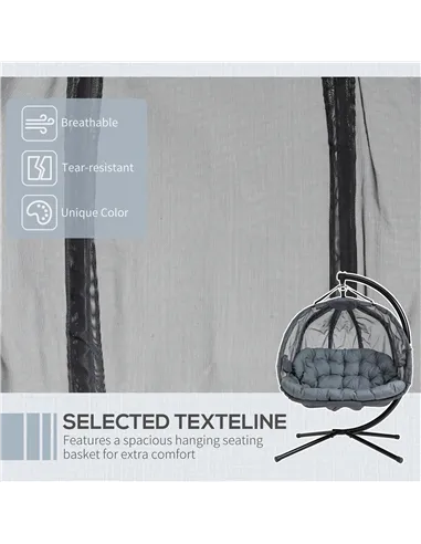 Outsunny Double Hanging Egg Chair 2 Seaters Texteline Swing Hammock Chair with Stand, Cushion and Folding Design, for Indoor and