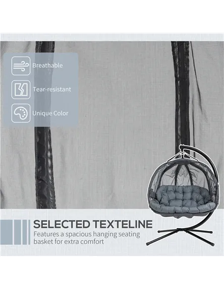 Outsunny Double Hanging Egg Chair 2 Seaters Texteline Swing Hammock Chair with Stand, Cushion and Folding Design, for Indoor and