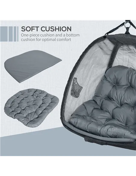 Outsunny Double Hanging Egg Chair 2 Seaters Texteline Swing Hammock Chair with Stand, Cushion and Folding Design, for Indoor and