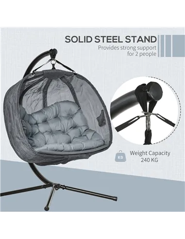 Outsunny Double Hanging Egg Chair 2 Seaters Texteline Swing Hammock Chair with Stand, Cushion and Folding Design, for Indoor and