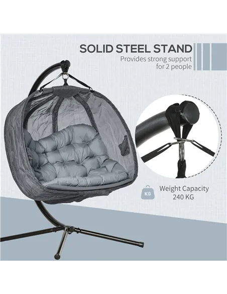 Outsunny Double Hanging Egg Chair 2 Seaters Texteline Swing Hammock Chair with Stand, Cushion and Folding Design, for Indoor and