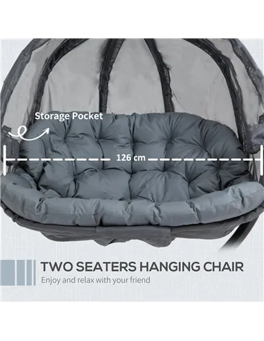 Outsunny Double Hanging Egg Chair 2 Seaters Texteline Swing Hammock Chair with Stand, Cushion and Folding Design, for Indoor and
