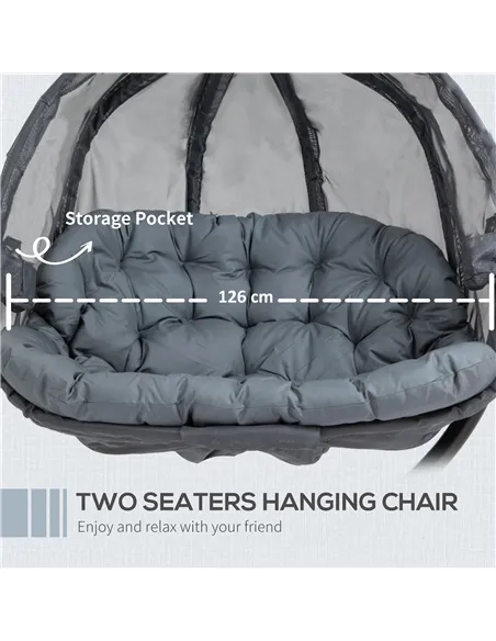 Outsunny Double Hanging Egg Chair 2 Seaters Texteline Swing Hammock Chair with Stand, Cushion and Folding Design, for Indoor and