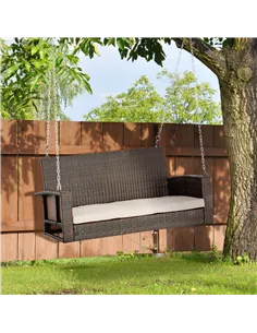Outsunny 2 Seater Rattan Garden Swing Chair, Porch Swing Bench Loveseat with Cushion, Wicker Outdoor Hanging Swinging Seat with  2