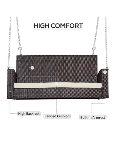 Outsunny 2 Seater Rattan Garden Swing Chair, Porch Swing Bench Loveseat with Cushion, Wicker Outdoor Hanging Swinging Seat with 